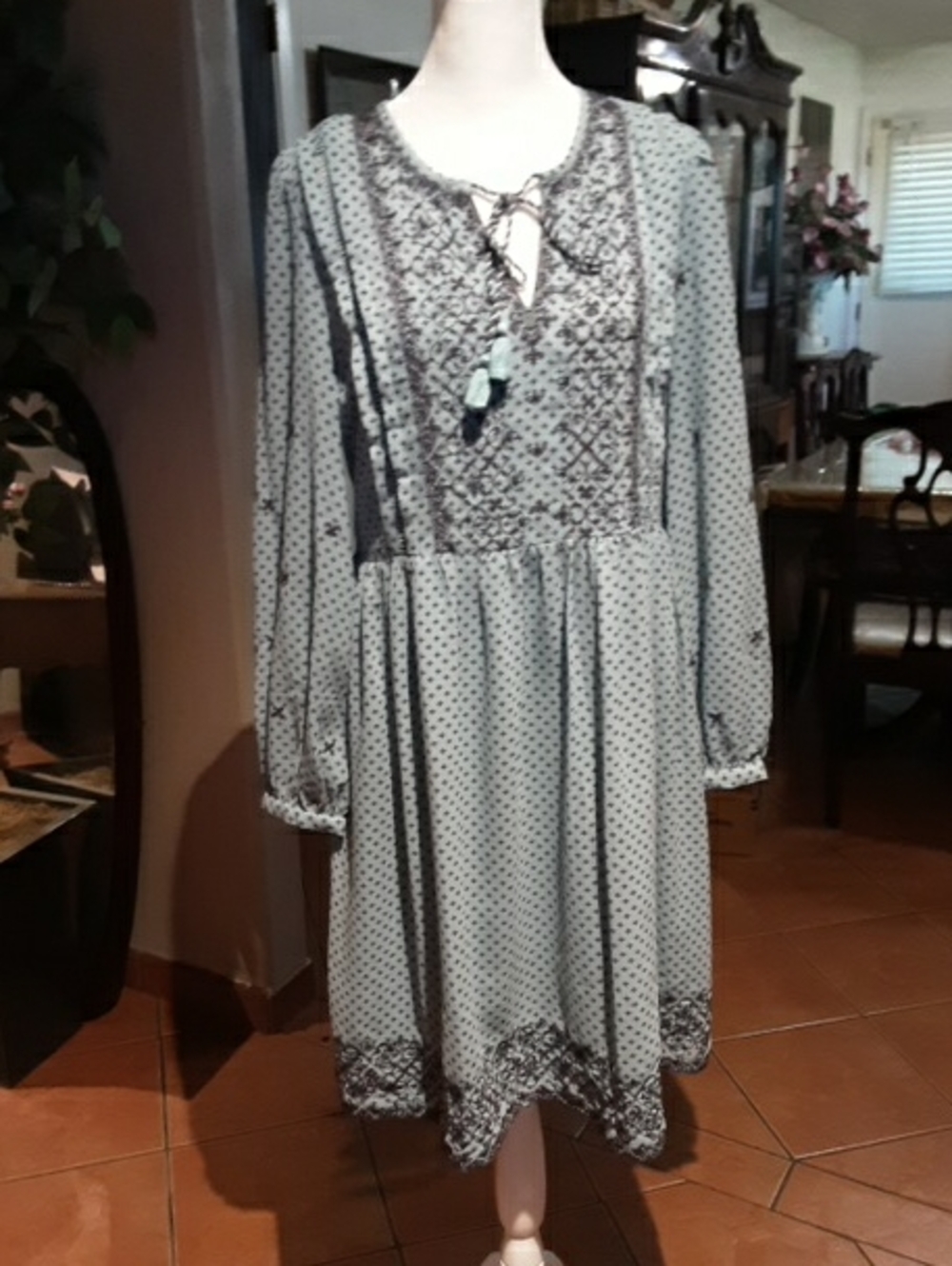 Boho Tie-Neck Long Sleeve Midi Dress in Light Blue